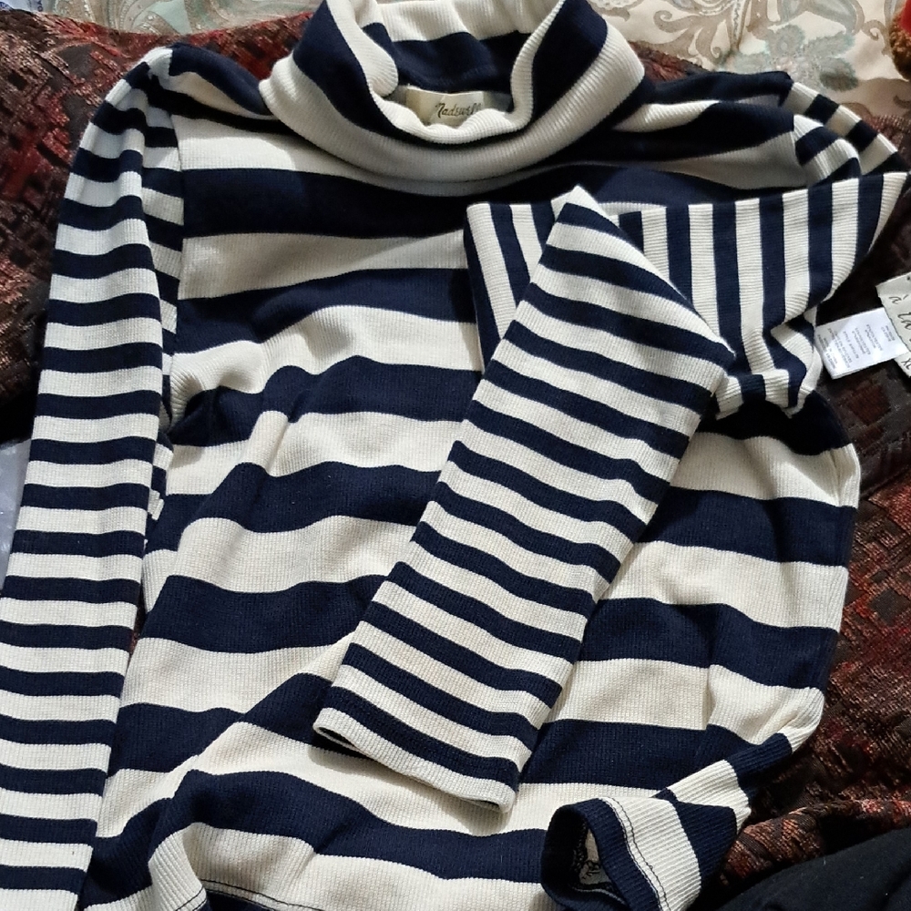Striped Navy and White Turtleneck Sweater Top